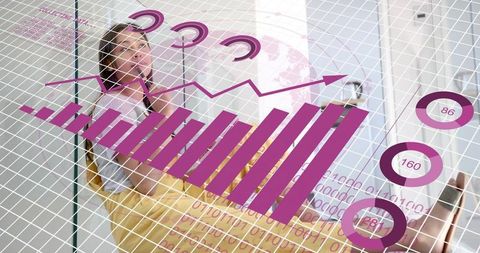 Businesswoman viewing magenta analytics dashboard on glass panel studying data trends