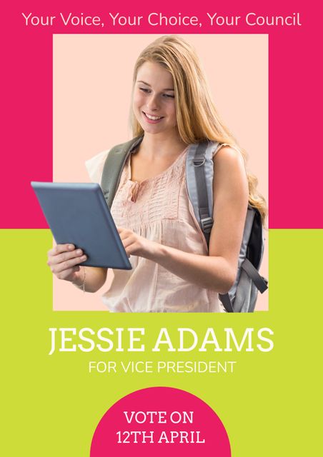 This image features a young woman using a tablet, engaging with educational content, and promoting participation in student council elections. The text encourages students to vote on April 12th for a vice president candidate. It is ideal for promoting school or college election events, youth participation, leadership positions, and community involvement. This campaign poster underscores the importance of student voices in academic society.