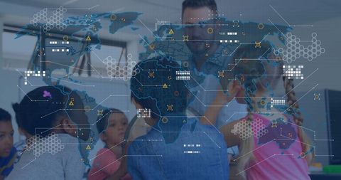 Teacher and Students Interacting with Digital World Map