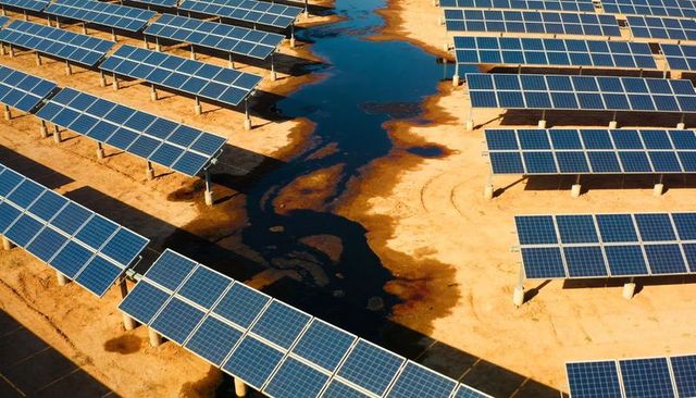 Tilted solar panels casting long shadows across arid solar farm with dark pooled water