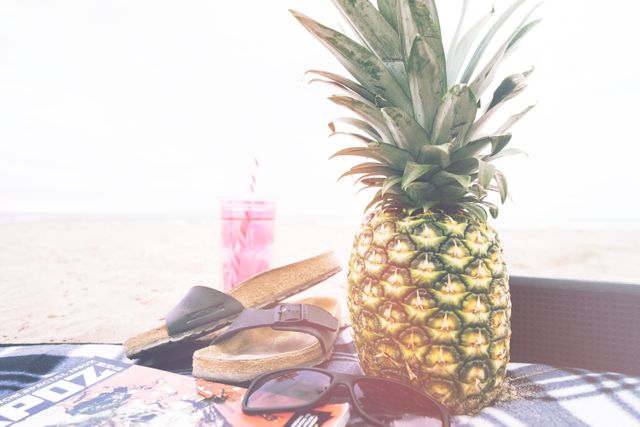 Summer Beach Essentials with Pineapple, Sunglasses, and Drink - Download Free Stock Photos Pikwizard.com