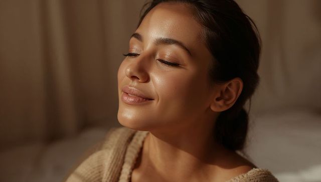 Woman smiling with closed eyes enjoying warm golden light and glowing skin