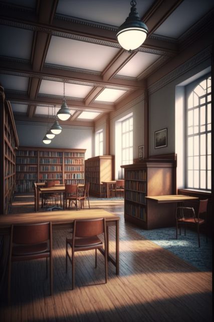 Bright and serene library filled with wooden furniture, sunlight streaming through large windows. Ideal for themes around education, learning, reading, and peaceful environments. Can be used in publications about study spaces, architecture of traditional libraries, or interior design inspiration.