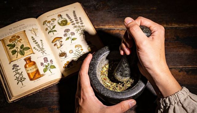 Grinding herbal botanicals in stone mortar and pestle, hands over vintage botanical book
