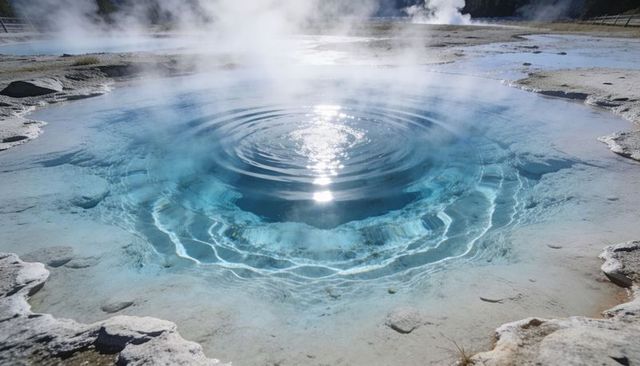 Glowing turquoise geothermal pool showing layered concentric ripples and rising steam
