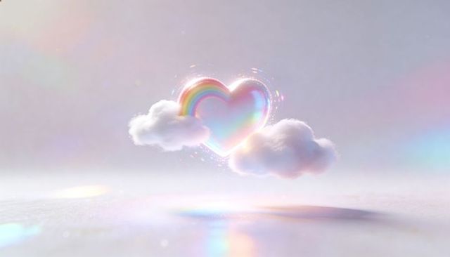 Glowing iridescent heart floating with rainbow arc, soft clouds, sparkles and pastel haze