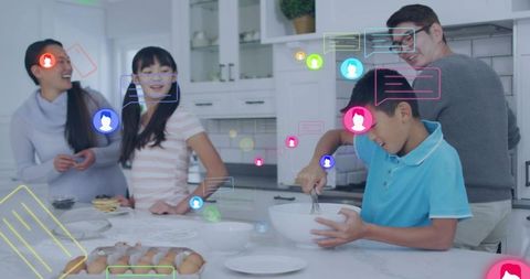 Whisking Boy and Family Collaborating in Modern Kitchen with AR Chat Overlays