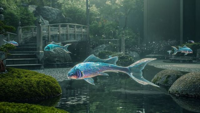 Majestic iridescent fish glide through zen garden pond