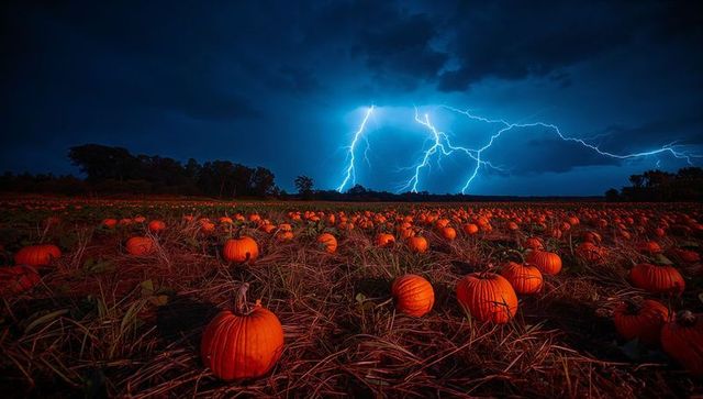 Luminous Pumpkin Field Illuminated by Nighttime Lightning