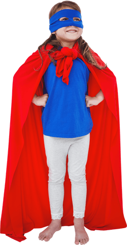 Young Girl in Superhero Costume Red Cape Transparent Pose