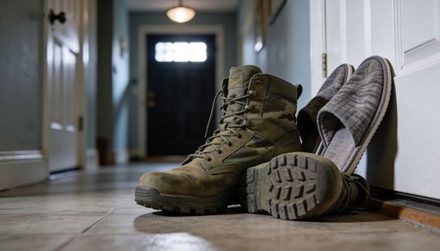 Worn military boots and cozy slippers resting on tiled hallway floor near front doorway