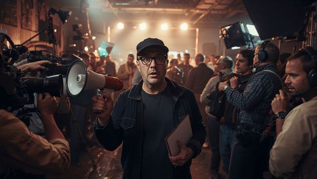 Film director holding megaphone and clipboard on busy production studio set with crew
