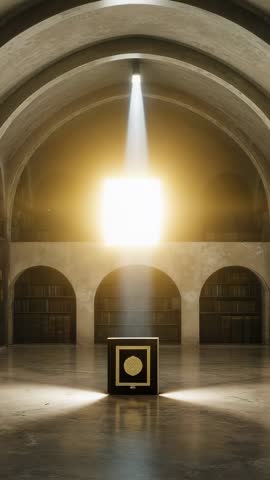 Glowing Cube Ascending under Oculus Beam in Vaulted Stone Hall | Vertical Video