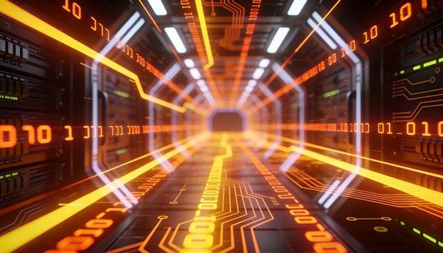 Streaming Binary Tunnel in Neon Server Corridor with Glowing Circuitry and Hex Ring