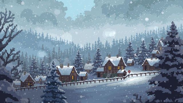 Cozy snowy pixel art village glowing at dusk with wooden cottages and falling snow