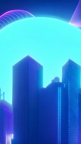 Vertical video: Expanding turquoise sun illuminating neon skyline with pink ribbon arcs
