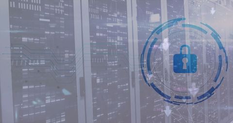 Digital Security Lock Icon Over Server Room Infrastructure
