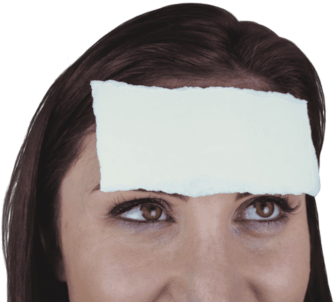 Woman with blank paper on forehead on transparent background