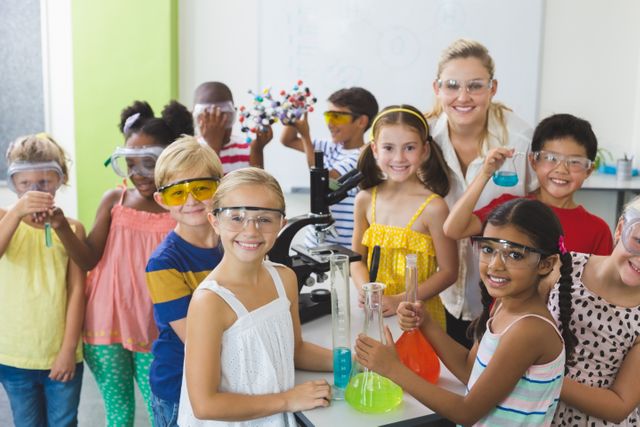 Group of children and their teacher standing in a school laboratory, wearing safety goggles and holding beakers with colorful liquids. Ideal for educational content, school promotions, science programs, and teamwork illustrations.