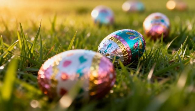 Foil-Wrapped Easter Eggs Sitting in Sunlit Lawn with Pastel Metallic Bokeh