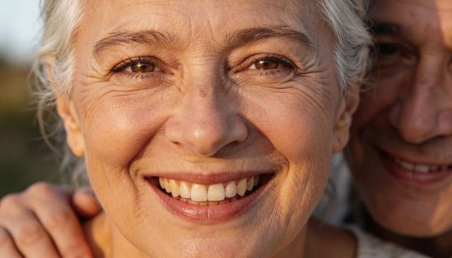 Close-up smiling senior woman basking in warm sunlight with companion's hand on shoulder