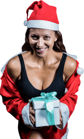 Festive woman with christmas present in santa outfit on transparent background