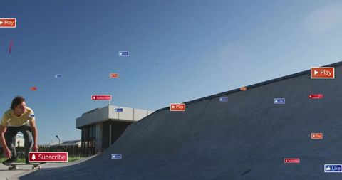 Crouching skater wearing yellow tee skating concrete ramp with floating digital badges