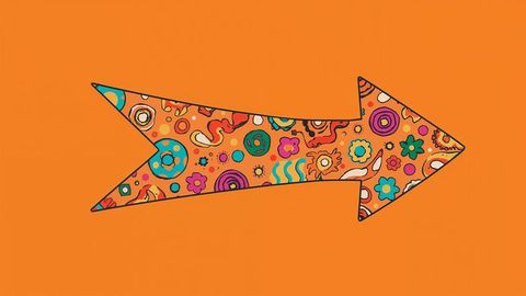 Colorful stylized arrow with abstract doodles on orange