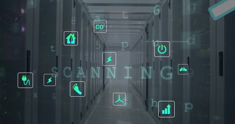 Tech Symbols Floating in Modern Server Room - Download Free Stock Images Pikwizard.com