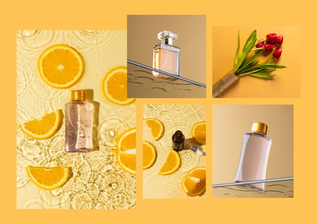 Vibrant composition featuring citrus slices with elegant perfume bottles and floral arrangements. Suitable for beauty product advertisements, fragrance promotion, spa and wellness marketing, visual merchandising, and lifestyle blogs focusing on aromatherapy. Ideal for creating fresh and lively visual appeal in branding materials.