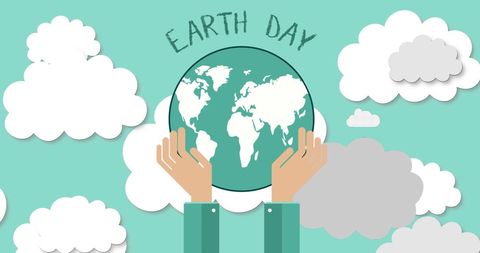 Earth Day Celebration with Hands Lifting Globe and Clouds