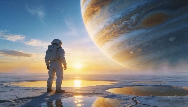 Astronaut standing on cracked saltflat facing massive gas giant at sunrise, surreal sci-fi