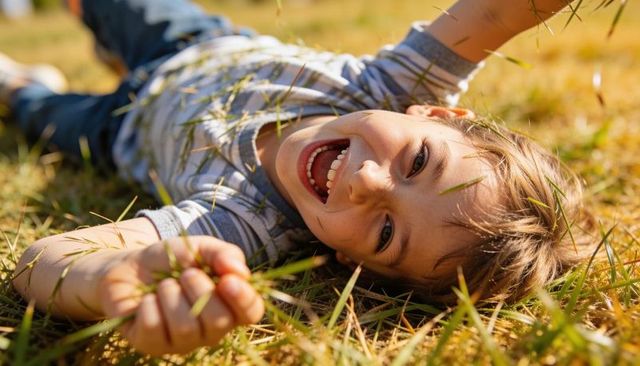 Laughing boy lying in sunlit meadow holding blades of dry grass, candid childhood joy