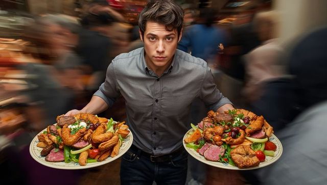 Male server carrying two hearty dinner plates through busy restaurant during dinner rush