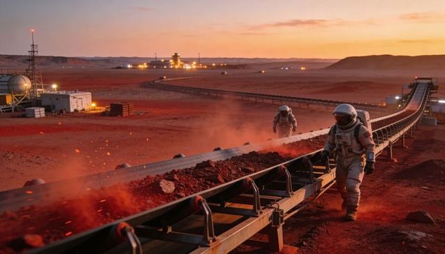 Mars colony mining crew monitoring conveyor belt transporting regolith on red plains at dusk