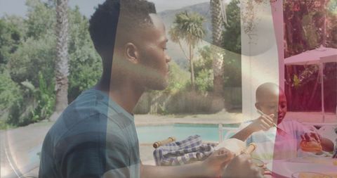 French Flag Overlay on Family Eating Outdoors by Pool