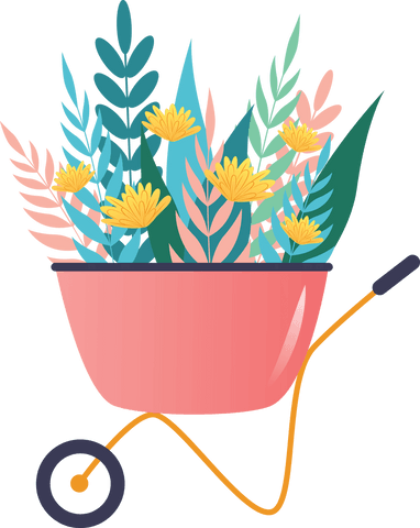 Transparent Pink Wheelbarrow with Vibrant Plants Illustration