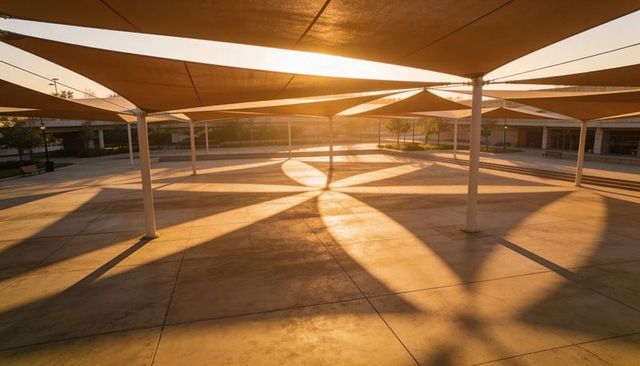 Sunlit geometric shade sail plaza casting dramatic flower-shaped shadows at golden hour