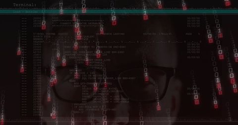 Mid-adult man peering through glasses scanning terminal with falling binary code glow