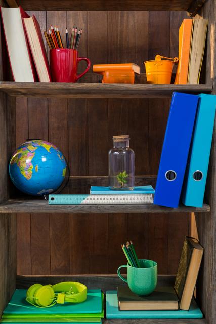 Wooden shelf filled with various colorful office supplies, books, and educational items. Includes a globe, headphones, a mug with pencils, folders, and rulers. Ideal for illustrating concepts of organization, study, education, and workspace setup.