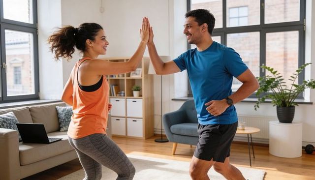 Couple high-fiving while exercising at home together during online workout session