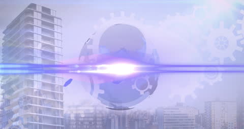 Digital Globe and Cogs Over Cityscape Background