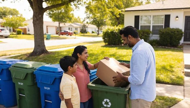Family recycling cardboard at curbside using green bin in sunny suburban front yard