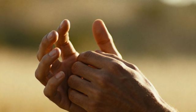 Male hands touching gently in golden meadow closeup showing skin texture, veins, knuckles
