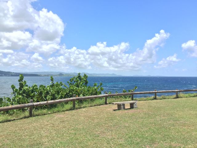 Majestic ocean view with a rustic bench on lush green grass. Bright day with scattered clouds creates a tranquil atmosphere ideal for outdoor relaxation. Perfect for tourism promotions, travel websites or background designs highlighting tranquility and coastal beauty.