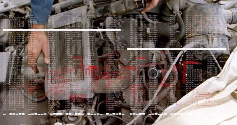 Mechanic adjusting engine belts and hoses with diagnostic data overlay for auto repair