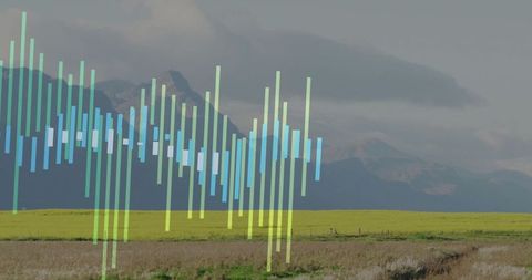 Rural farmland with digital data visualization overlay