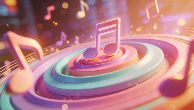 Glowing neon eighth note on pastel concentric rings 3d music platform with bokeh lights