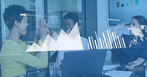 High-fiving Business Team Celebrating Data-Driven Success with Digital Charts & Analytics