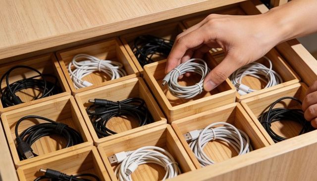 Organizing usb cables in bamboo drawer organizer for tidy desk and tech storage